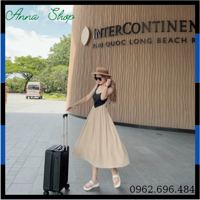 Váy hai dây nơ vai, đầm 2 dây, maxi yếm đi biển phối màu