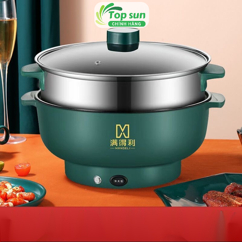 Nồi Lẩu Đa Năng 2 Tầng Công Suất 1000W, Nồi Lẩu Điện Mini Kèm Giá Hấp, Nồi Lẩu Nướng, Chiên, Xào, Nấu Cơm, Nấu Canh