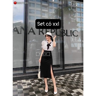 SET SƠ MI THẮT NƠ KÈM VÁY XẼ BIGSIZE
