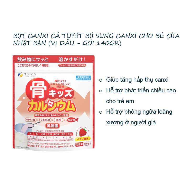 Bột Canxi Cá Tuyết Bone’s Calcium Tăng Chiều Cao Nhật Bản Vị Dâu Gói 140g