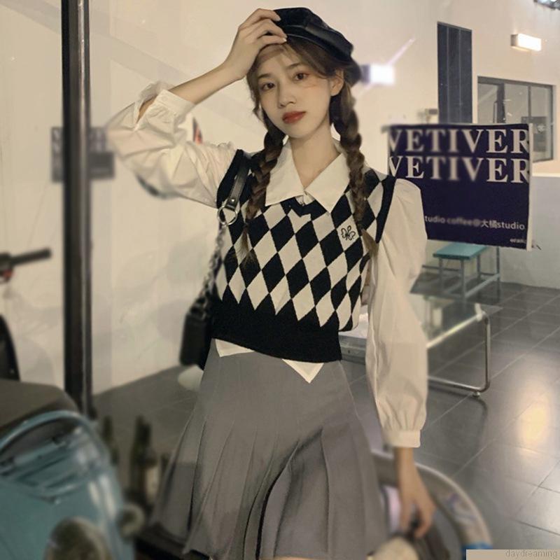 Áo Sweater Dệt Kim Không Tay Cổ Chữ V Dáng Rộng Phong Cách Preppy Thời Trang Mùa Thu Cho Nữ