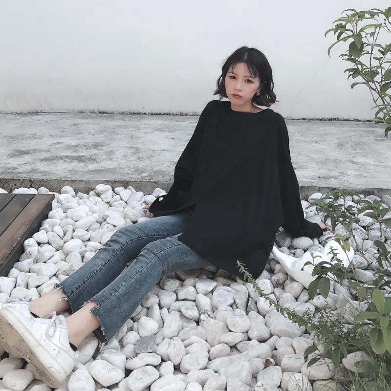 SUXI Áo thun Hàn Quốc dáng rộng dài tay màu trơn