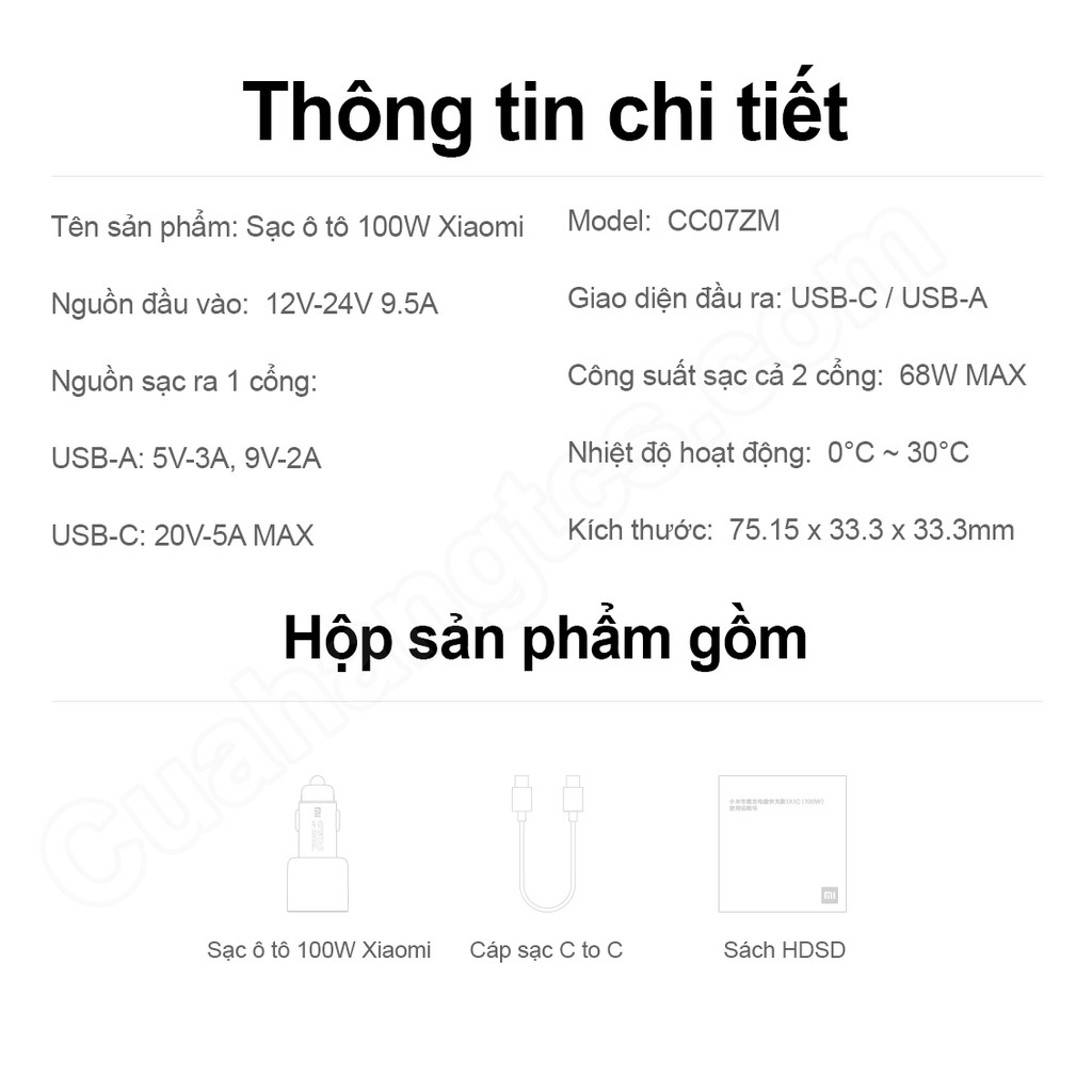 Tẩu sạc điện thoại, máy tính bảng trên ô tô siêu nhanh Xiaomi 1A1C 100w