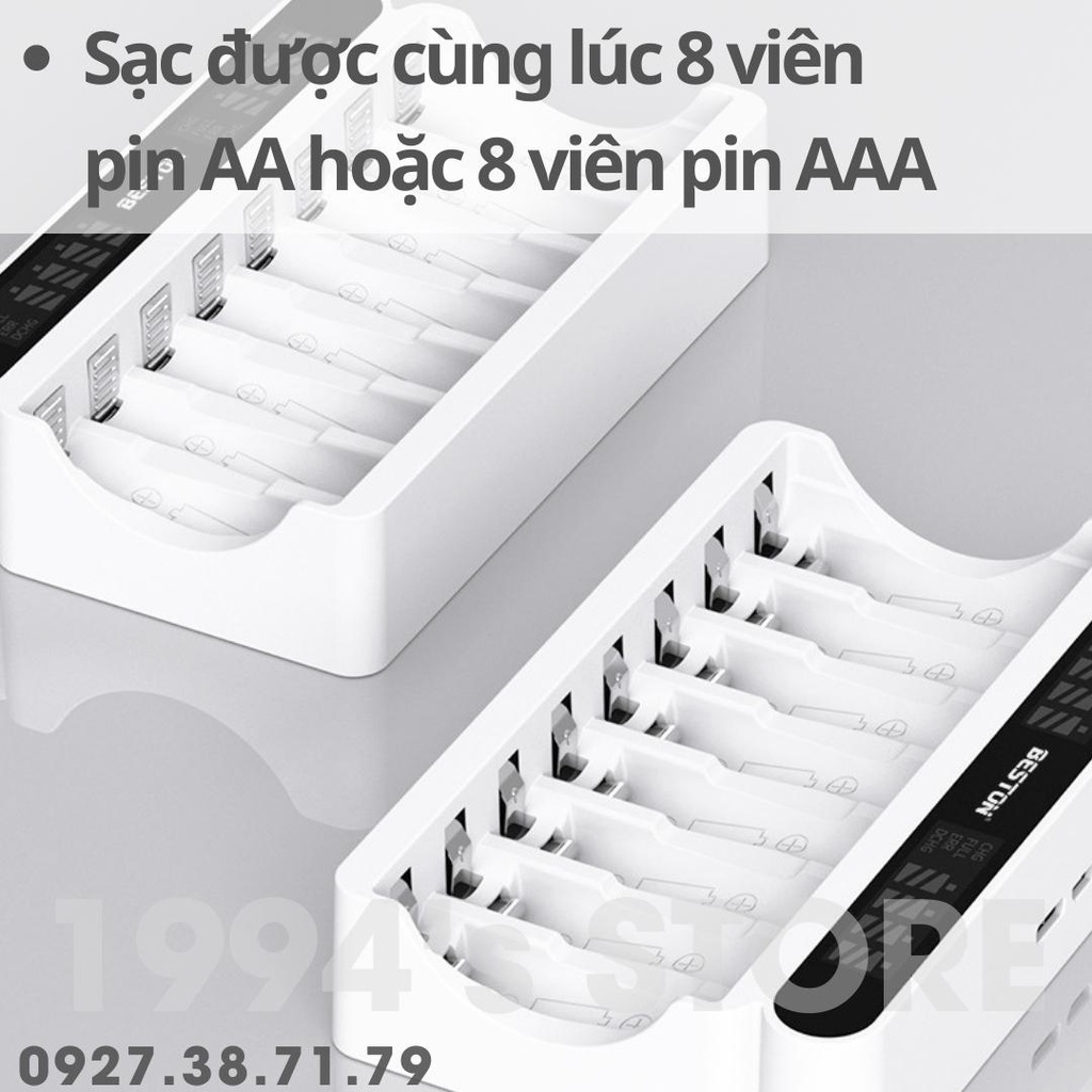 Bộ Sạc 8 pin AA AAA Beston C9024L Version 2023 sạc nhanh, tự ngắt khi đầy, đèn LED báo thông minh,Cổng sạc Type C