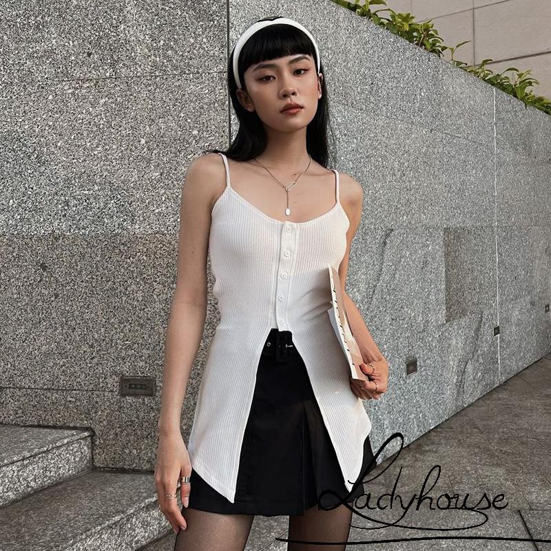 Áo Hai Dây Không Tay Màu Trơn Xẻ Tà Trước Phối Nút Cho Nữ