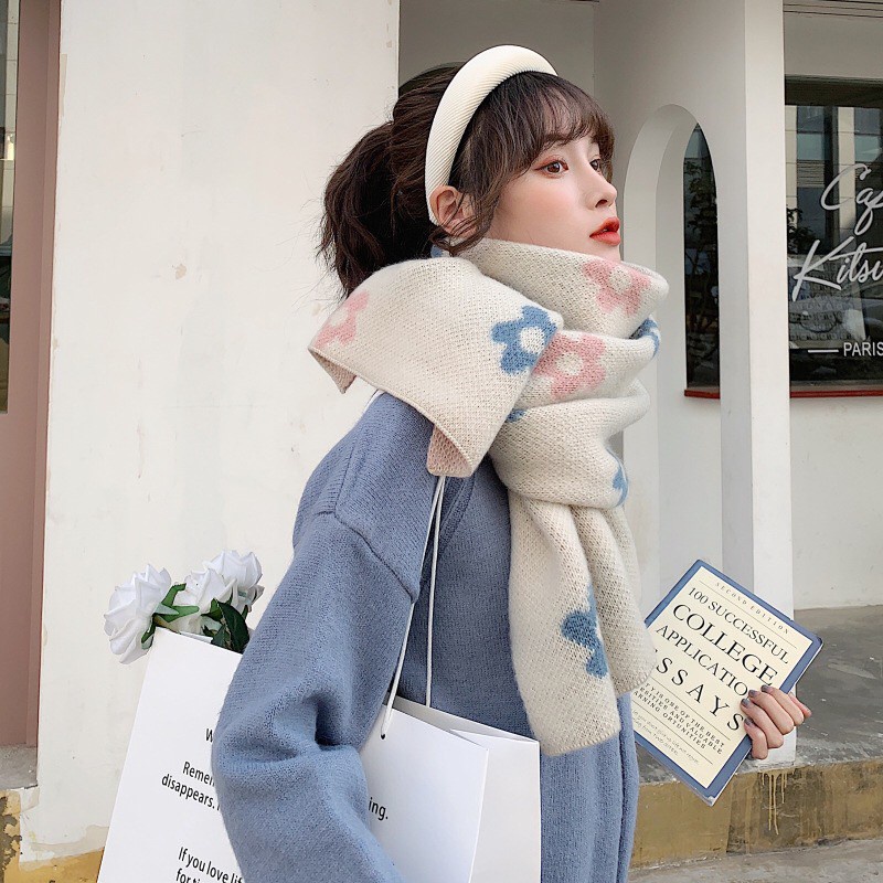 Khăn choàng len dệt kim mùa đông họa tiết hoa size 190x35cm - Mã LE19