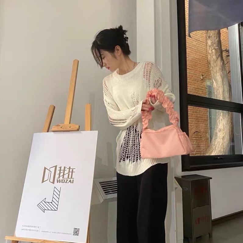 Jiashucheng Áo Sweater Dệt Kim Mỏng Tay Dài Dáng Rộng Rách Lỗ Phong Cách Mới Cho Nữ