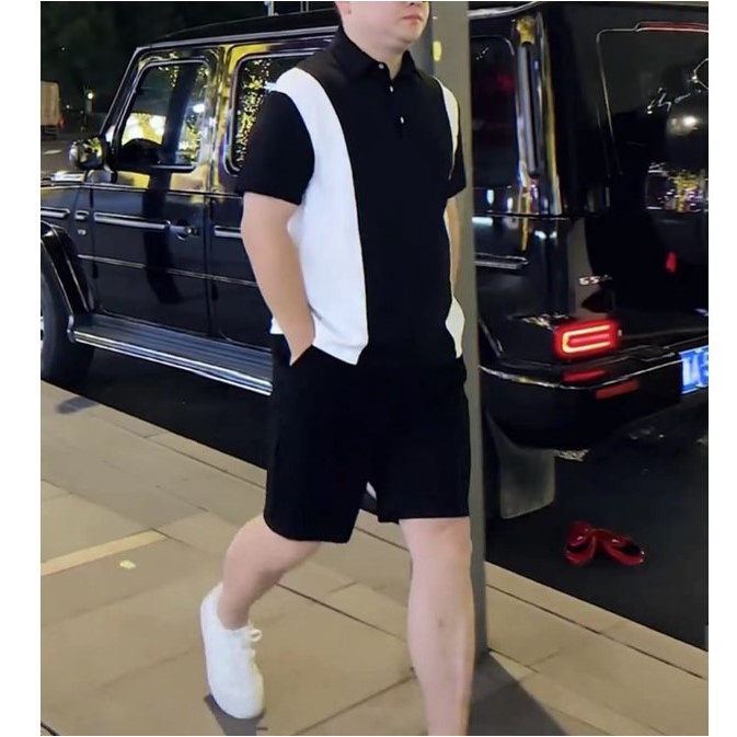 Bộ thể thao polo nam cao cấp, bộ quần áo phối màu đen trắng form rộng trẻ trung (Hàng quảng châu loại 1)