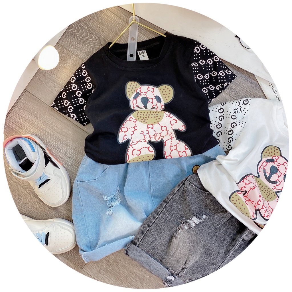 Áo cộc tay bé trai, set bộ áo gấu GC phối tay kèm quần short jean xịn sò cho bé