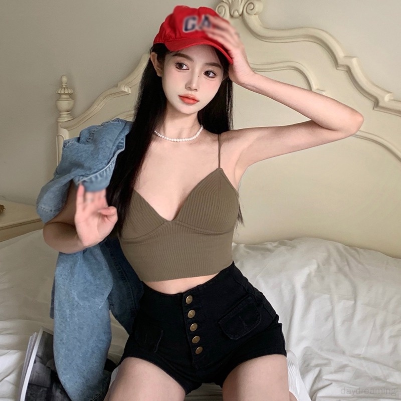 Áo Croptop Sát Nách Cổ Chữ V Màu Sắc Đơn Giản Thiết Kế Ôm Sát Tôn Dáng