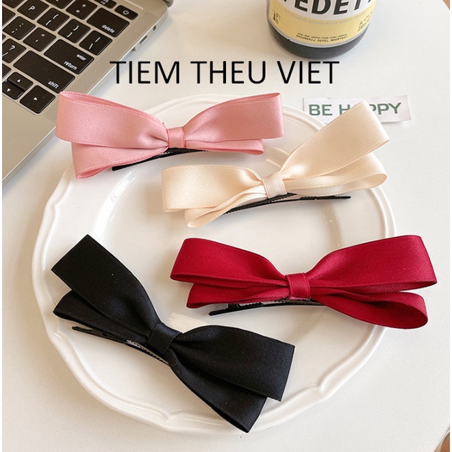 Kẹp Tóc Mái Đính Nơ Ruy Băng Tiệm Thêu Việt Phong Cách Hàn Quốc