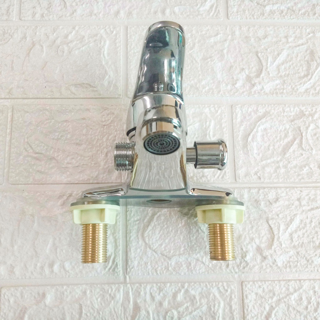 Vòi chậu rửa mặt nóng lạnh, vòi Lavabo liền sen 2 chân chất liệu đồng mạ sáng bóng