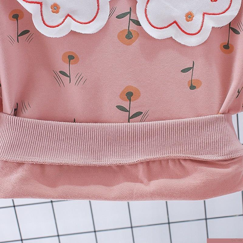 Set áo thun tay dài cổ tròn in họa tiết hoạt hình phối quần dài thời trang mùa thu cho bé gái Se7en