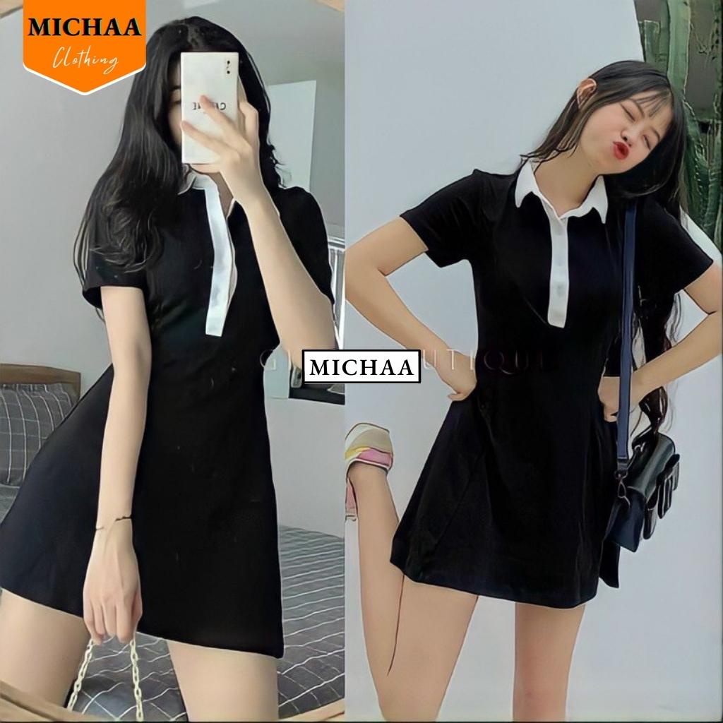 Đầm Váy Body CỔ POLO Phối Trắng Nữ Kiểu Tay Ngắn Dáng Xoè Tôn Dáng Mặc Đẹp - MICHAA