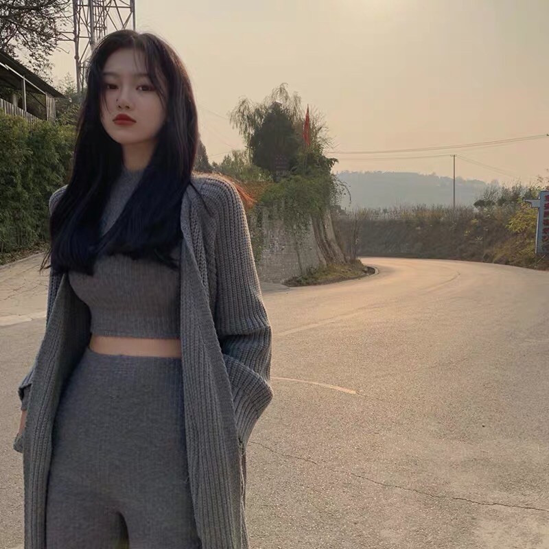 Set áo len croptop dài tay+quần len ống loe+áo cardigan len dài