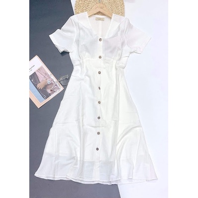 Váy Đầm Nữ Dài Phối Nút JAM Dài Qua Gối Dáng Xòe Dự Tiệc Váy Trắng Dài Vintage
