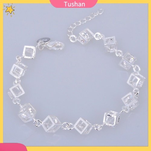 Vòng tay mạ bạc đính đá hình khối lập phương thời trang cho nữ