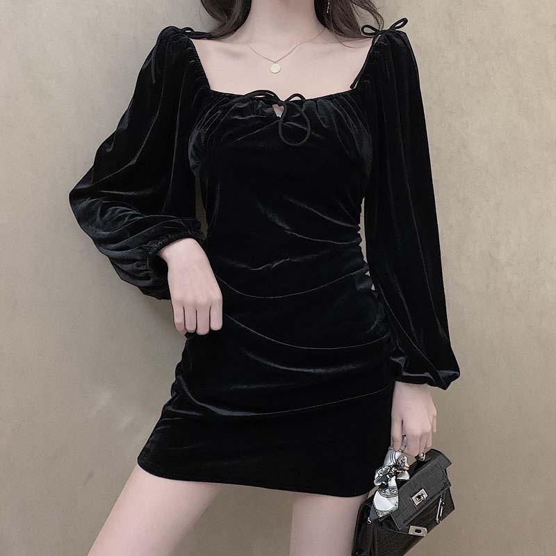 🖤Đầm ôm body nhung cổ vuông thắt nơ sang chảnh đi tiệc|Đầm dự tiệc rúm eo sexy quyến rũ ulzzang