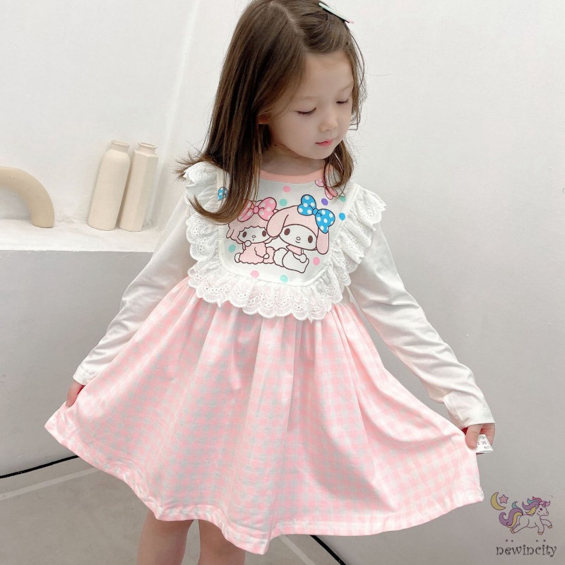 Đầm dài tay phối ren in hoạt hình thời trang Hàn Quốc cho bé gái