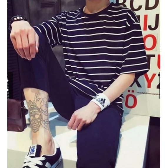 Áo Thun Nam Tay Lỡ Kẻ Ngang Vải Dày Mịn Thoáng Mát Phong Cách Hàn Quốc Đường May Tỉ Mỉ Màu Sắc Trẻ Trung