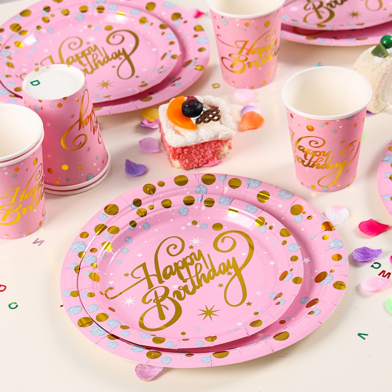 Bộ dụng cụ bàn ăn màu hồng dùng một lần trang trí tiệc sinh nhật