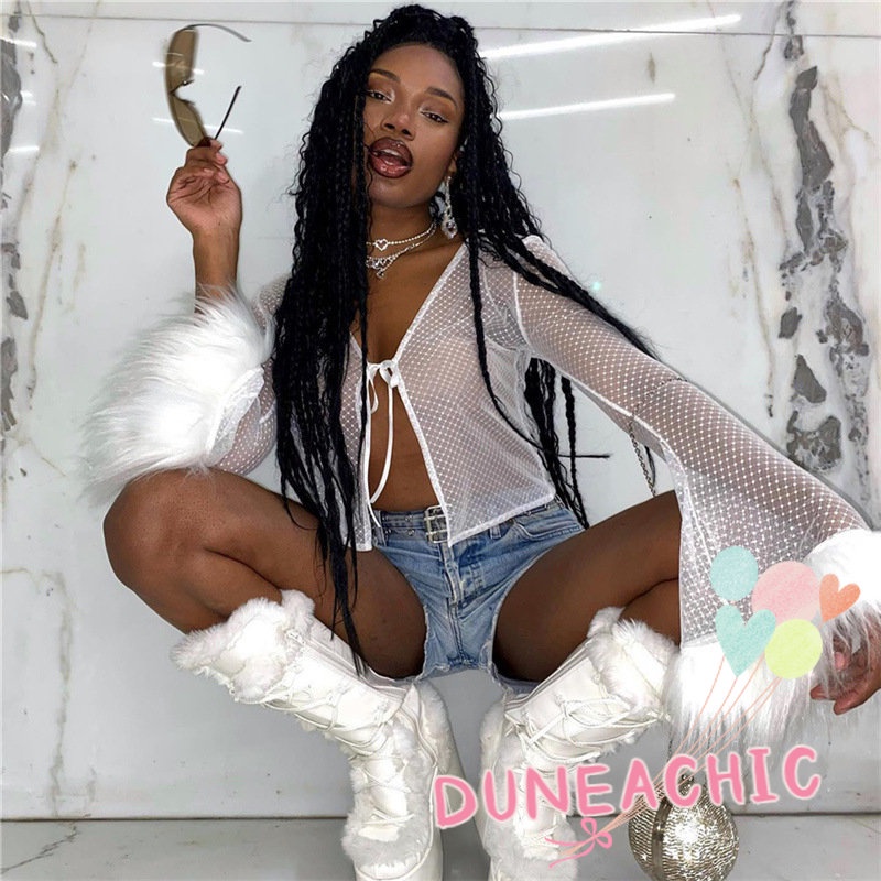 DUNEA Áo Lửng Tay Dài Cổ Chữ V Gợi Cảm Dành Cho Nữ