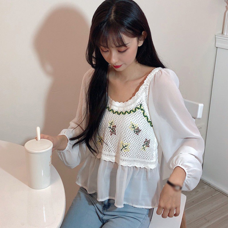 Áo Dệt Kim Nữ Tay Dài Phối Ren Thời Trang