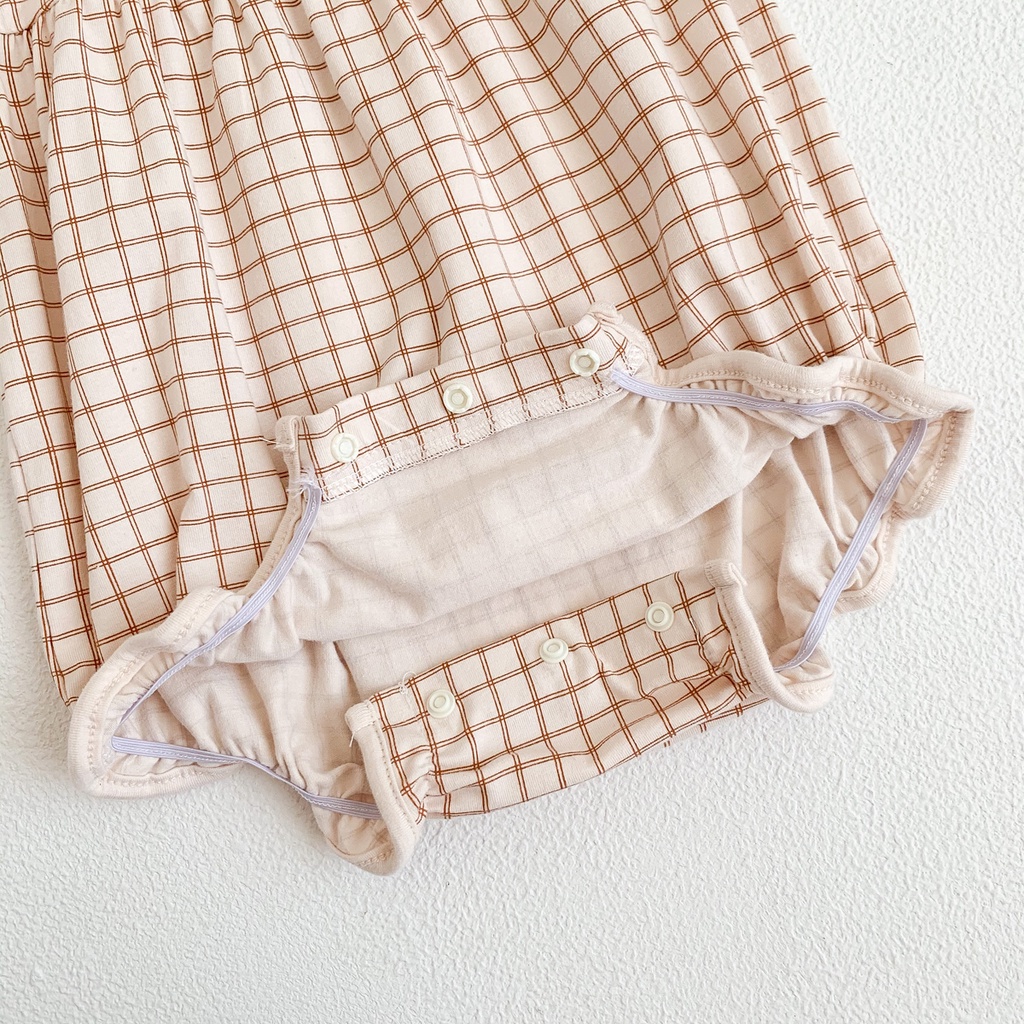 Bộ Áo Liền Quần Tay Ngắn Chất Liệu Cotton Họa Tiết Sọc Caro Thời Trang Cho Bé Gái Từ 0-2 Tuổi