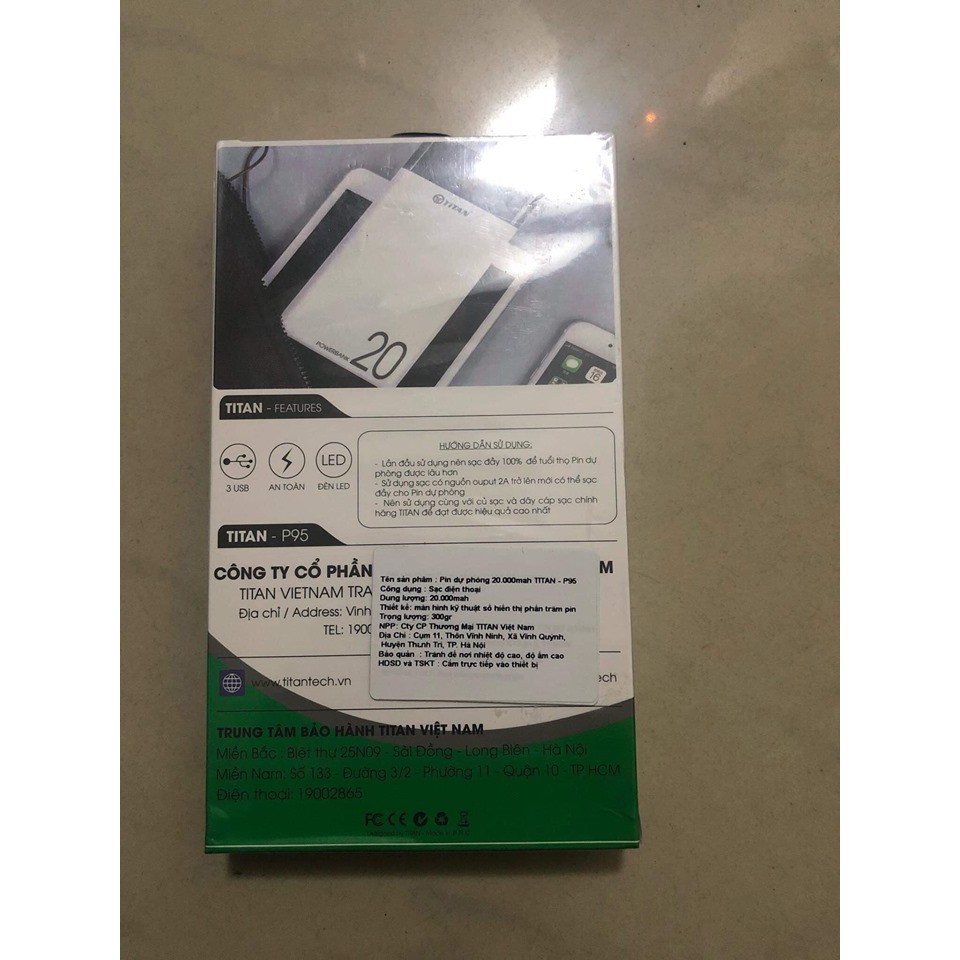 Pin sạc dự phòng chính hãng titan 20000mAh bảo hành 2 năm toàn quốc