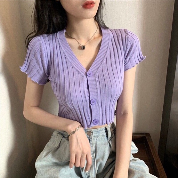 Áo Len Gân Ngắn Tay Cổ V Hàn Quốc Croptop Sang Chảnh Sexy Áo Dệt Kim K0330