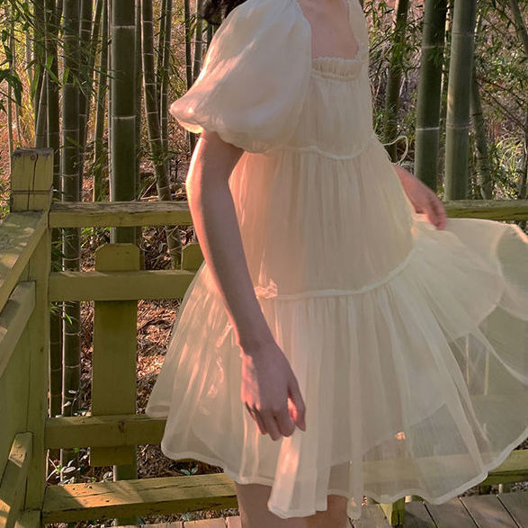Anna's Sweet and lovely girl gauze high waist slim square collar bubble sleeve dress female princess dress 2021 spring new style | BigBuy360 - bigbuy360.vn