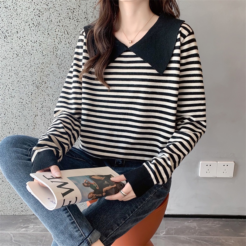 ZHELIHANGFEI Áo Sweater Tay Dài Cổ Thủy Thủ Kẻ Sọc Trẻ Trung Phong Cách Phương Tây