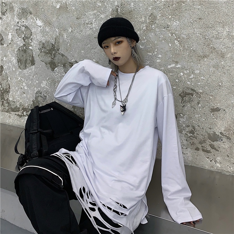 Áo thun dài tay 95% cotton rách gấu tạo layer màu basic hip hop unisex nam nữ