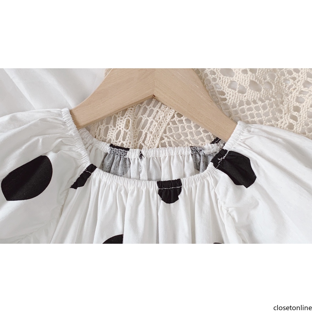 Đầm Công Chúa Tay Ngắn Phồng Cột Dây In Họa Tiết Chấm Bi Thời Trang Ngọt Ngào Cho Bé Gái