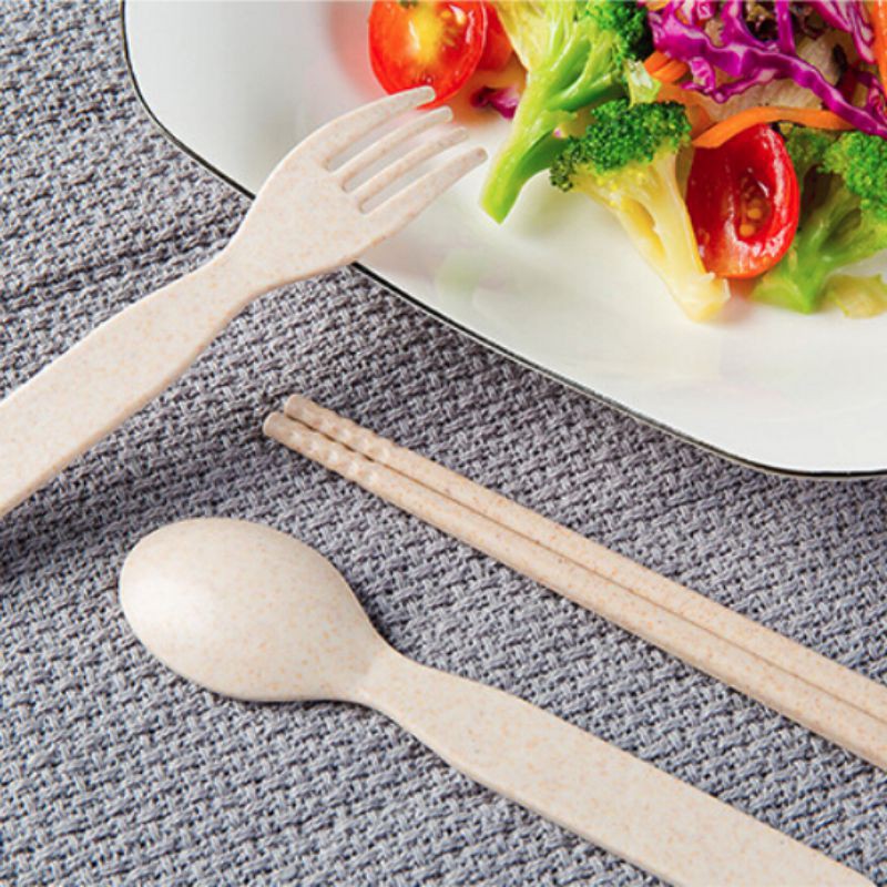 Wheat Straw Spoon Fork Chopsticks Three-piece Children Portable Cutlery Set