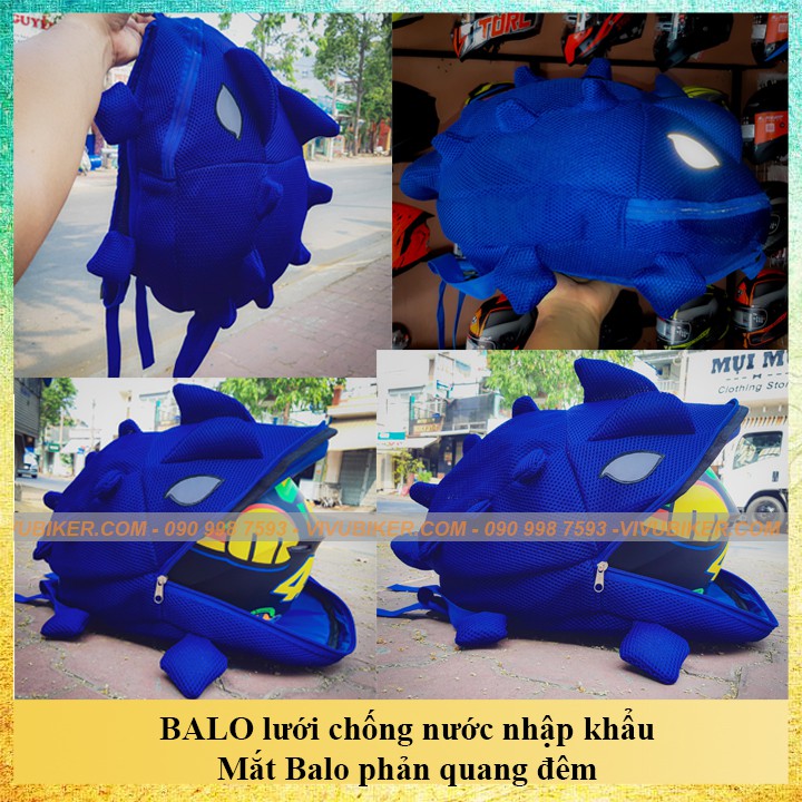 Balo khủng long lưới màu xanh dương đựng mũ bảo hiểm, đi phượt cao cấp - Mắt balo phản quang trong tối