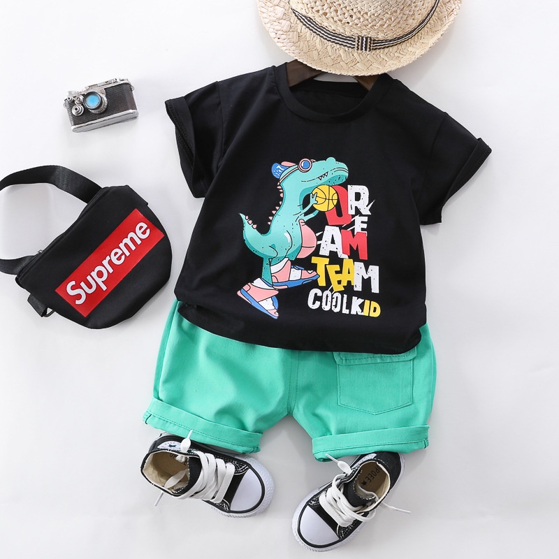 Boy phù hợp với bé quần áo cậu bé 0-4 tuổi mẫu boy phim hoạt hình khủng long T-shirt + quần short 2 mảnh bộ