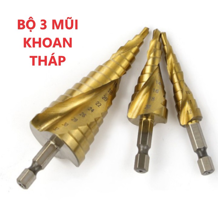 Bộ 3 Mũi khoan tháp rãnh xoăn , mũi khoan tầng đa năng chuôi lục giác