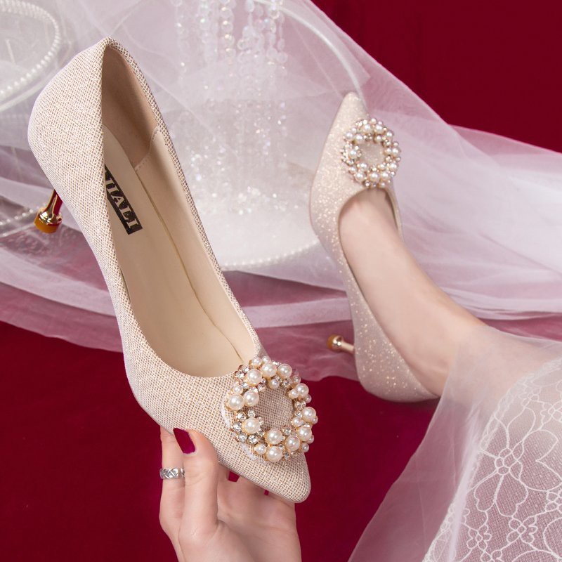 Wedding shoes women 2021 thick heel wedding bridal shoes sequin dress wedding crystal shoes pink hig