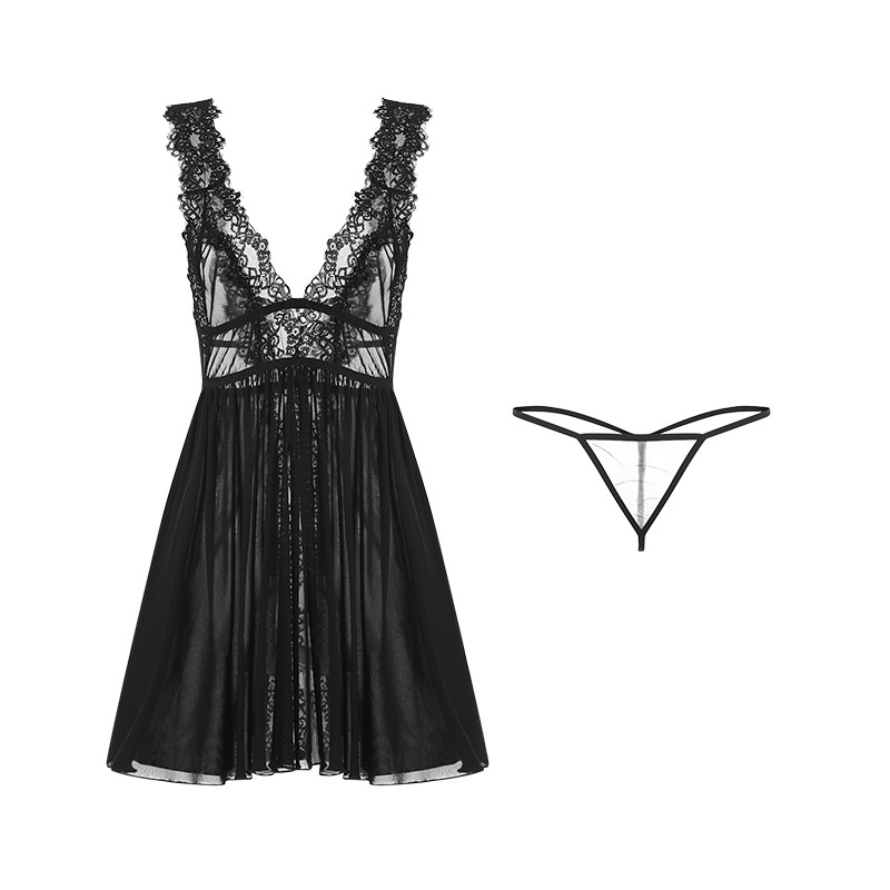 Set đầm ngủ ren hoa phối quần lót thiết kế cổ chữ V khoét sâu quyến rũ