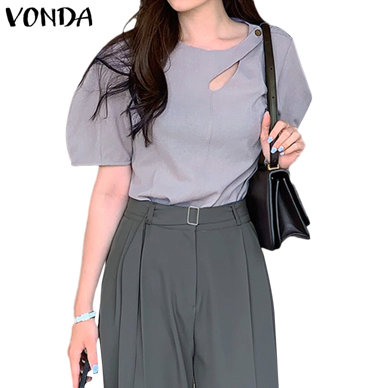 Áo kiểu VONDA ngắn tay cổ tròn màu trơn thời trang mùa hè Hàn Quốc cho nữ