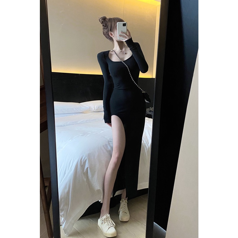Đầm dài Body sexy xẻ tà ôm body tôn dáng midi dài Váy body trơn xẻ hông Cổ tròn Dài tay Thời trang