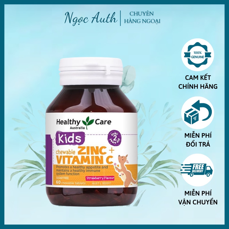 Viên nhai bố sung kẽm cho bé Healthy Care Zinc + Vitamin C của úc 60 cho trẻ từ 2 tuổi tăng đề kháng hiệu quả