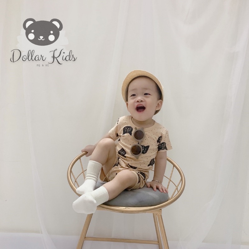 Bộ cộc tay cotton mèo xám, bộ mùa hè cho bé trai bé gái