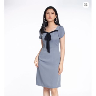 Đầm chữ A cổ vuông phối nơ