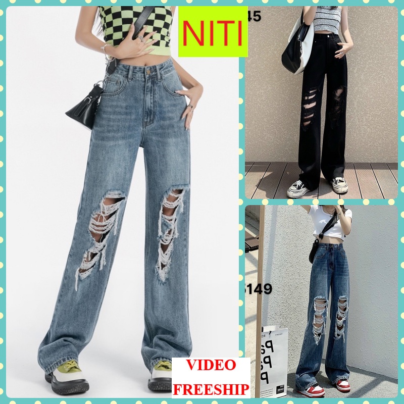 [ VIDEO+FREESHIP ] QUẦN JEANS ỐNG RỘNG NỮ LƯNG CAO LAI CUỐN RÁCH TE TUA CHỮ NHẬT 2 GỐI MÀU XANH NHẠT XANH ĐẬM ĐEN HOT