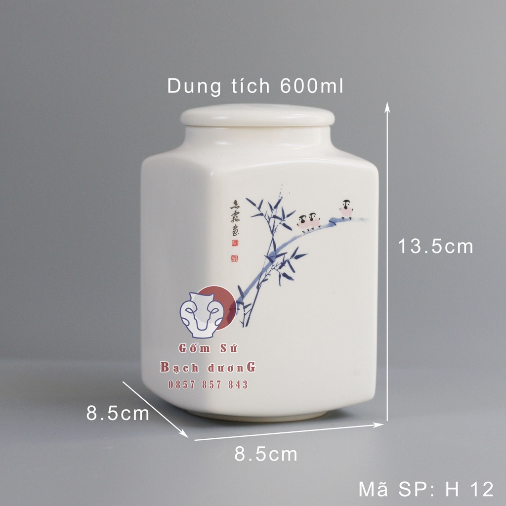 HŨ SỨ ĐỰNG TRÀ 600ml dáng vuông miện tròn hoa văn trúc xanh