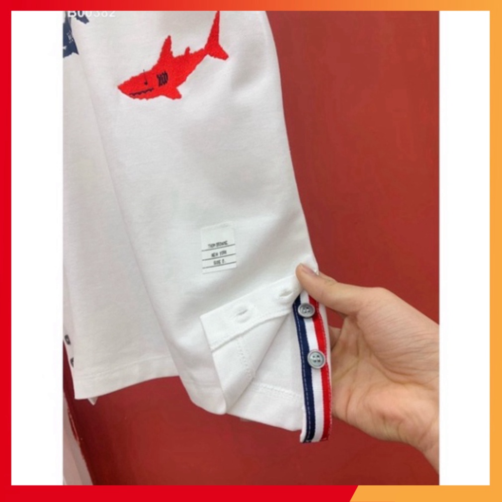 Áo polo đen trắng, tay ngắn, chất cotton thoáng mát, áo unisex đẹp cao cấp in cá mập 5D cực sịn sò