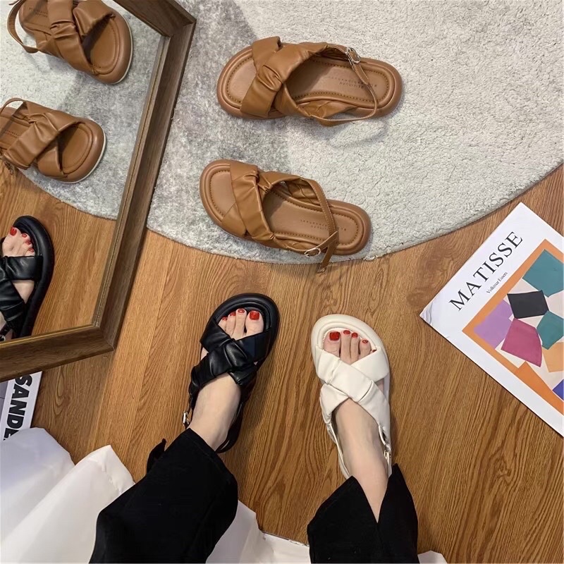 Sandal Uzzang Quai Chéo Nhún Bánh Bèo , Đế Mềm , Dẻo , Êm Chân