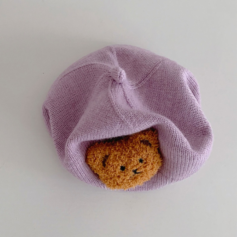 Mũ Beanie Dệt Kim In Họa Tiết Chú Gấu Dễ Thương Thời Trang Thu Đông Cho Bé Sơ Sinh